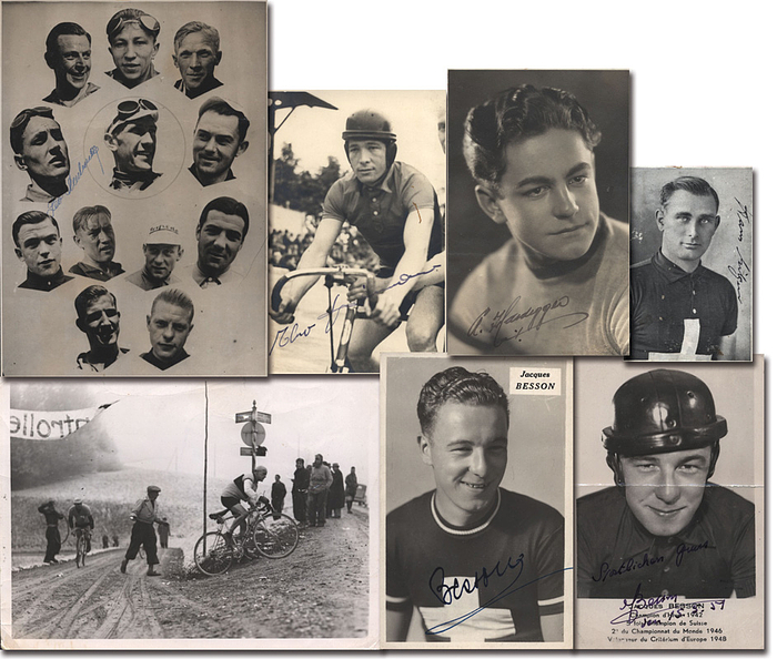 Schweiz  | 7 Autogrammbelege von erfolgreichen schweizer Radrennfahrern: 2 Postkarte (PK), 4 Pressefoto (PF), 1 Magazinfoto (MF) : Willy Kern (1914-1990; 2.Platz Tuor de Suisse 1942 - PF); Theo Heimann (1911-1979; 5x Tour de Suisse; 3x Meister Steher 1939-1944 - PF); Andre Hardegger (1922-1945, Profi Meister 1942 Bahn - PF); Leo Amberg (1912-1999; 4x Tour de France 1935-1937+ 1947, 9x Tour de Suisse, 1x Vuelta, 1x Deutschland Rundfahrt. 3.Platzt TdF 1937 - PF); Hans Gilgen (1906-1980; 5x Steher Meister 1931- 1938 + 1 Straßenmeister 1934 - MF); 2x Jacques Besson (1918-1984; Vize WM 1946, 8x Meister - PK);