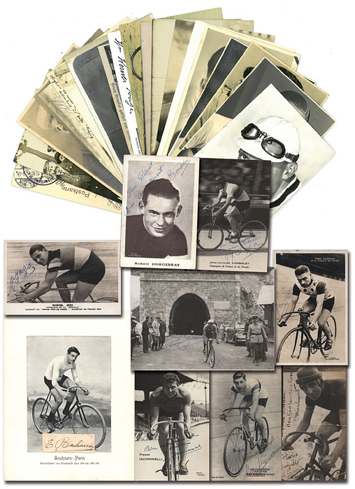 Frankreich Radsportstars A-M  | 18 Autogrammbelege von französischen Radsportsstars 1900 - 1960 auf 13 Postkarte, 1 Autogrammkarte (AK) + 3 Pressefoto, 2 Foto (F), 1 Blancobeleg (BL): 2x Henri Lemoine (1909-1991; 3x UCI WM 1951-1953; OSS 1928 5.Platz - PK + PF); 2x Jean-Jacques Lamboley (1920-1999; Vize-WM 1947 - PK); Charles Lacquehay (1897-1975, 2x UCI WM 1933 + 1935 - PF); 2x Marcel Jezo (1910-1971; 1933 Meister - PK + F); 2x Pierre Iacoponelli (1924-2011; 1943 Meister Sprint - PK); Rene Hournon (1905-1979; 4.Platz OSS 1924, 2x Meister Bahn - PK); 2x Marcel Guimbretiere (1909-1970; Profi 1930-47; Sechstage); Louis Gerardin (1912-1982; 13x Meister Sprint; 3.WM - F); Lucien Faucheux (1899-1981; 2.Platz Profi Bahn WM 1928; 3.Platz 1927 - PF); Robert Dorgebray (1915-2005; Gold Olympia 1936 - AK); Rauol Leseur (1912-1981; 2x WM 1947 + 1959 - PK); Eugene Bruni (1884-1956; 2.Platz Steher WM 1908 - PK); Émile Bouhours (1870-1953; 4x Meister, zahlreiche Weltrekorde, 3.Platz EM Steher - BL);
