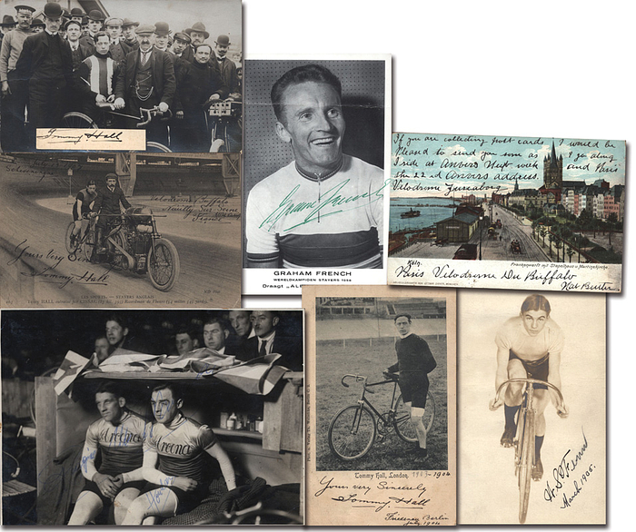 USA, Großbritannien, Australien  | 10 Autogrammbelege von erfolgreichen Radrennfahrern aus den USA, Australien und Großbritannien: 6 Postkarten (PK), 1 Pressefoto (PF): 3x Tommy Hall (GB; 1877-1949; 2.Platz Steher Profi EM 1904 -PK); Reggie McNamara (AUS; 1888-1971; 1911-1937 Bahnradexperte üner 700 Siege - PF); Graham "Greame" French (AUS; 1927-2012; Bahn Weltmeister 1956 - PK); William Fenn (1880 - verstorben; 1900 US  . Meister Amateure Sprint; ab 1901 Profi; Goldmedaille bei den Olympischen Spielen 1904 über 1/2 Meile und 1 Meile bei Demonstration Wettbewerbe für Berufsfahrer - PK); Nat Butler (USA; 1870-1943; 4.WM 1899; Profi Steher - PK);