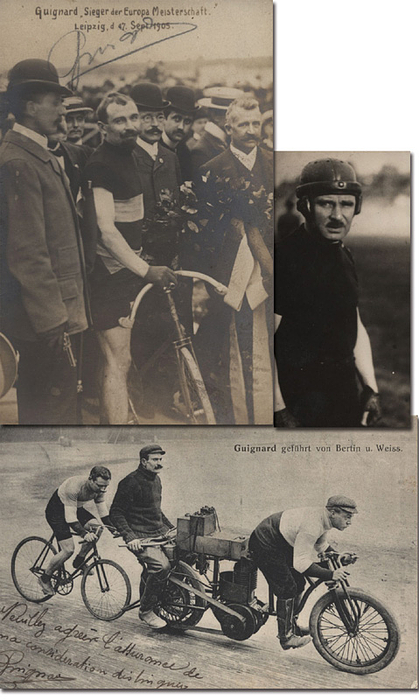 Guignard, Paul  | (1876-1965) 2 Postkarten mit original Signatur von Paul Guignard (FRA). 4 facher Europameister der Steher. 2.Platz Bahnrad - Weltmeisterschaft 1905, je 14x9 cm. Dabei ein S/W-Foto von Guignard