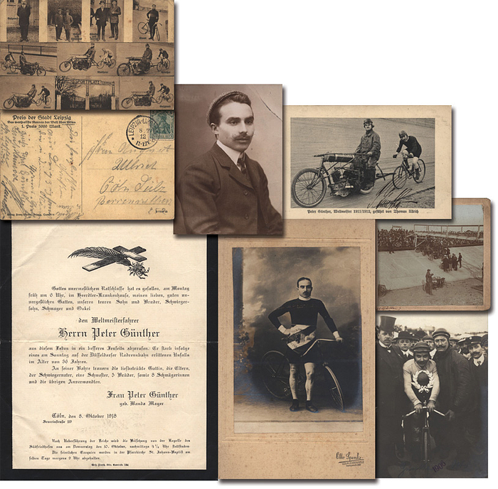 Günther, Peter  | (1882-1918) Sammlung des deutschen Radsport Weltmeisters von 1911 und Europameisters 1914 (jeweils Steher) Peter Günther: von Peter Günther signierte Postkarte; handschriftliche Postkarte von Peter Günther mit original Signatur, gelaufen 8.7.1912; drei original S/W-Fotos von Peter Günther ca. 1905; 1 S/W-Foto von Günther auf Pappe 1902; Eine original Trauerbrief der Familie Günther von 1918. 23x17,5 cm bis 9x9 cm