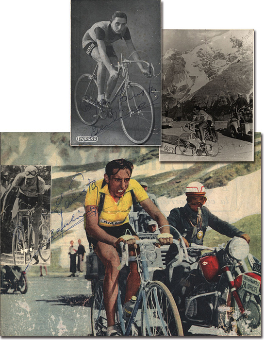 Coppi, Fausto  | (1919-1960) Zwei Autogrammbeleg jeweils Originalsignatur des italienischen Radrennfahrers Fausto Coppi. Zweifacher Sieger der Tour de France 1949 und 1952, 5-facher Gewinner des Giro d'Italia 1940, 1950 und 1952 sowie Weltmeister Einerverfolgung 1949: 19 Autogrammkarte "Fegano" mit orignal Signatur. Rückseite mit Kleberresten, 13x8 cm. 2) Farbmagazinfoto mit einem aufmontieren S/W-Magazinfoto. Mit kompetter Signatur "Coppi" im S/W-Bereich des Bildes, deshalb schlech zu erkennen, 23x18 cm. Berieben, auf Karton montiert 3) S/W-Foto mit Fausto Coppi, 12x8,5 cm