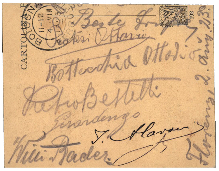 Bottecchia, Ottavio  | (1894-1927) Halbe Postkarte mit original Signatur von Ottavio Bottecchia (ITA). 2facher Tour de France Sieger 1924 + 1925 und 2.Platz 1923. Datiert 2.8.1923. Die Postkarte wurde von Willi Bader (GER; 1879 - verstorb. Bekannter Sprinter, gewann 1907 den Großen Preis von Deutschland) geschrieben, Mit 5 weitern Signatuen von Radsporgrößen: Constante Girardengo (ITA; 1893 - 1978) Giro D'Italia Sieger 1919+1923; Jean Alavoine (FRA, 1888 - 1943. 3x 2.Platz und 2x 3.Platz bei der Tour de France); Ottavio Pratesi (1889-1977; ITA. 5x TdF, 7x Giro); Pietro Bestetti (1896-1936, ITA) Olympiateilnehmer 1920; Giro 2 Etappensiege. 9x7 cm