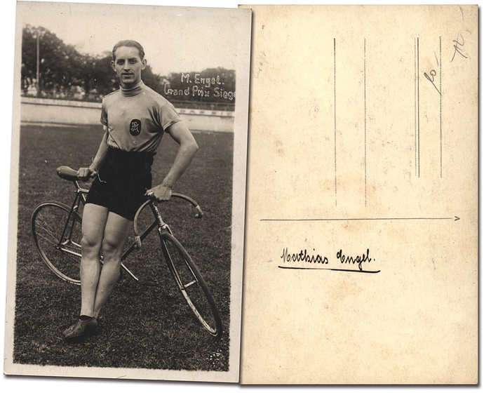 Engel, Mathias  | (1905-1994) Originalsignatur vom deutschen Bahnradsportler Mathias Engel auf der Rückseite einer s/w Autogramm-Postkarte. 1927 Sprint-Weltmeister der Amateure und 1932 Sprint-Weltmeister als Profi. Mehrfacher Deutscher Meister - Sprint. 13,9x9 cm.
