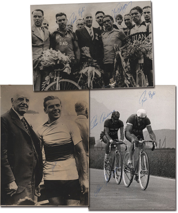 Egli, Paul  | (1911-1997) 3 Pressefotos jeweils mit original Signaturen von Paul Egli (Schweiz). Zweifacher Stassenweltmeister der Amateure 1932 + 1933, Profi WM 3.Platz 1938 und Tour de France Teilnehmer (1936 1x Gelbes Trikot), je 17,5x12,5 cm