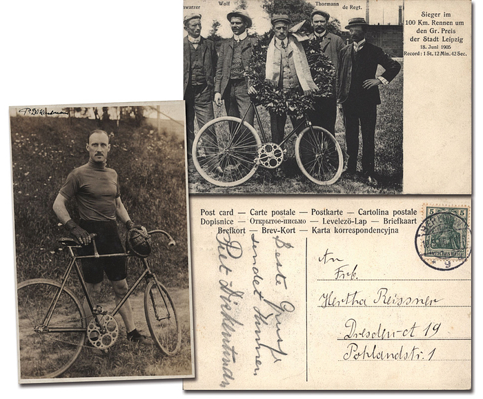 Dickentman, Piet  | (1897-1950) S/W-Postkarte mit original Signatur und handschriftlichen Text von Piet Dickentman (NED) auf der Rückseite mit Bleistift. Gelaufen 10.6.1916. 1900 + 1902 Europameister über 100 km. 1903 Weltmeister, 13x9 cm Dabei: Fotopostkarte von Dickentman