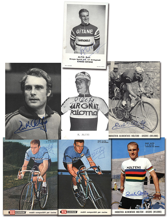Altig, Rudi  | (1937-2016) Autogrammkartensammlung von Rudi Altig jeweils mit  original Signaturen der deutschen Radsportlegende und Rad - Weltmeisters. 7 verschiedene Karten!,ca. 15x10 cm.