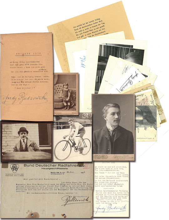 Budzinski, Fredy  | Sammlung  Fredy Budzinski (1879-1970) Deutscher Rennfahrer, Journalist und Funktionär. 1912 Chefredakteur der Zeitung "Rad-Welt", eine der ersten reinen Sportzeitschriften Deutschlands. 1902 bis 1906 Funktionär des Deutschen Rennfahrer-Verbandes.: 25 verschiedene Belege: Postkarten, original Fotos, Brief ect. dabei 15 original Signaturen von Fredy Budzinsky aus der Zeit von 1882 bis 1970, die meisten Belege von 1945. Alle 27x20 cm bis 10x6 cm