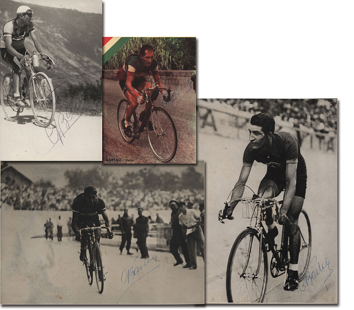 Bartali, Gino  | (1914-2000) 4x Originalsignatur von Gino Bartali auf verschiedenen Belegen. Tour de France Sieger 1938 und 1948. 2 Pressefotos, 1 Postkarte und 1 Autogrammkarte, 17,5x12,5 bis 11x8 cm
