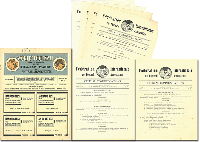 FIFA-Bulletin 1925-1932  | FIFA Official Bulletin: "Official Communications" 2nd Year 14th July 1925 No. 15, 16, 18, 19, 20, 22. Ab 1929 neuer Name "Football World", Third Year 26.7.1932 No. 32