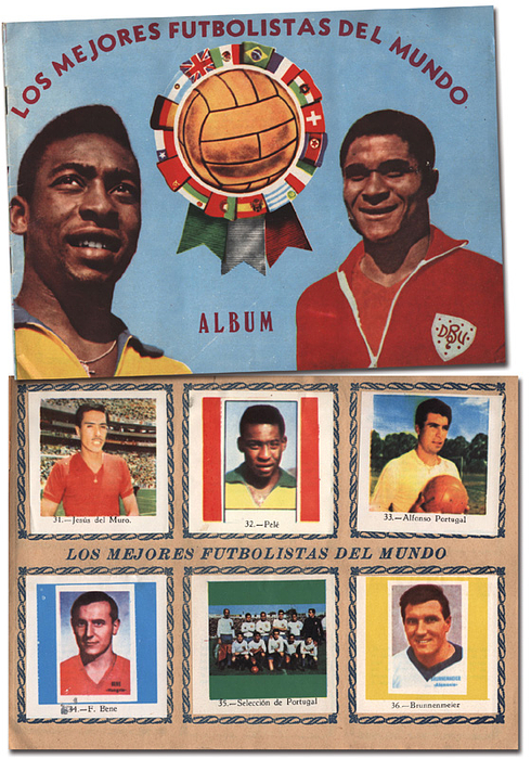  - Los mejores Futbolistas del Mundo. Album.32 pages with 166 of 204 collectible stickers. Softcover, 23 x 17 cm. Circa 1970. Rare Spanish trading card album, circa 1970, with no manufacturer or imprint details. The paper cards are blank on the back. Includes a Pelé sticker! Condition: C