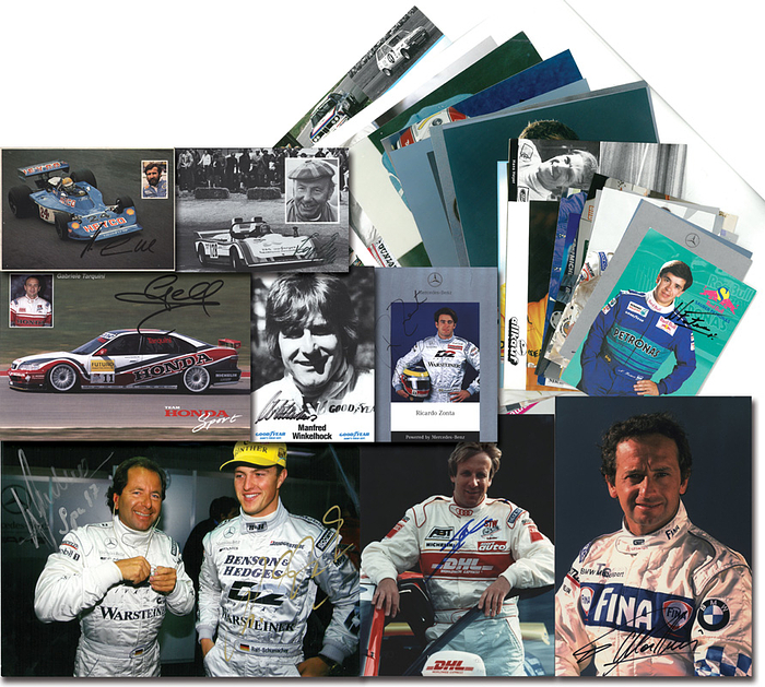 Sammlung DTM  | 41 verschiedene Autogrammbelege mit den Stars der Deutschen Tourenmeisterschaft (DTM). Autogrammkarten, Fotos, Reprofotos.