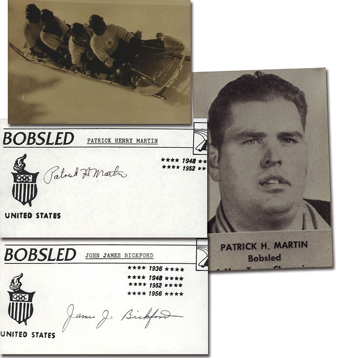 Bickford /Martin  | Zwei original Signaturen von Medaillengewinner der USA im Bob bei den Olympischen Spielen 1948: 1) James Bickford (1912-1986. 4er Bronze). Blancobeleg 16,5x8,5 cm. 2) Patrick Martin (1923-1987; Gold 4er 1948 + Silber 1952. Silber Zweierbob 1952) Blancobeleg 16,5x8,5 cm.