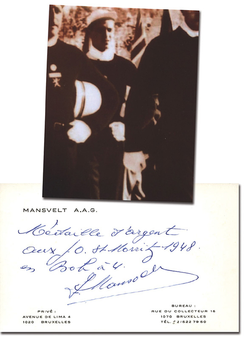 Mansveld, Alfred "Freddy"  | (1911-1986) Notizkarte von "Manvelt A.A.G." mit original Signatur von Alfred 'Freddy' Mansveld (BEL). Silbermedaille im Viererbob bei den Olympischen Spielen 1948, 13,5x8,5 cm