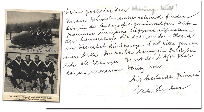 Huber, Sebastian  | (1901-1985) Handschriftlicher Brief mit Originalsignatur von Sebastian Huber (GER). Bronzemedaille im Viererbob bei den Olympischen Spielen 1928 und 1932. 21x15 cm Dabei S/W-Magazinbild im original Signatur von Sebastian Huber, 12x8 cm