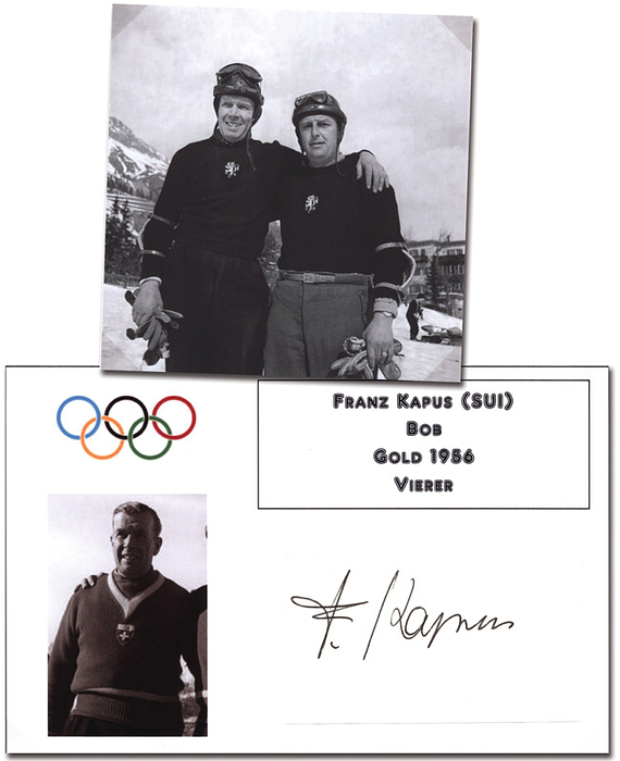 Kapus, Franz  | (1909-1981) Karteikarte mit aufmontiertem Blancobeleg (7x4 cm) mit original Signatur von Franz Kapus (SUI) und aufkopierten S/W-Foto. Goldmedaille im Viererbob bei den Olympischen Spielen 1956, 14x9 cm