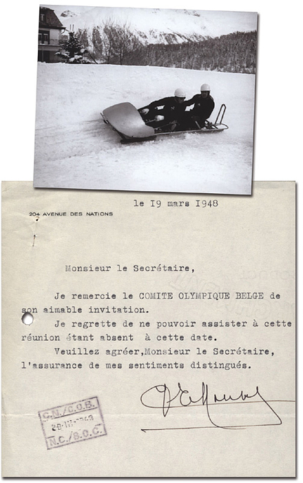 Mouvet, Jacques  | (1912-1993) Kurzbrief vom 19.3.1948 an das belgische Oympische Komittee mit original Signatur von Jacques Mouvet (BEL). Silbermedaille im Viererbob bei den Olympischen Spielen 1948, 14x13,5 cm