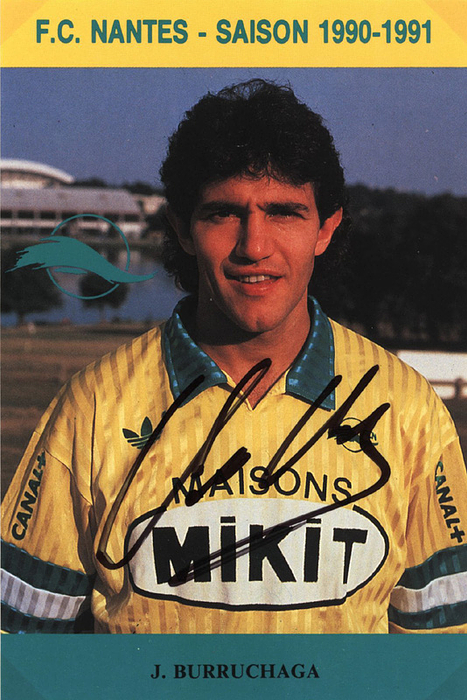  - Burruchaga, colour autograph card, showing the Argentinian World Champion 1986 in F.C. Nantes Strip (season 1990/91) with original signature, size 15x10 cm. Condition: A