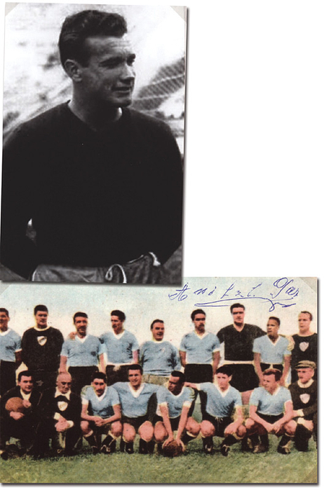 Paz, Aníbal Luis  | (1918-2013) Farbreprofoto mit original Signatur von Aníbal Luis Paz (URU; 22 A-Länderspiele)). Fußball - Weltmeister 1950 mit Uruguay, 15,5x10,5 cm.