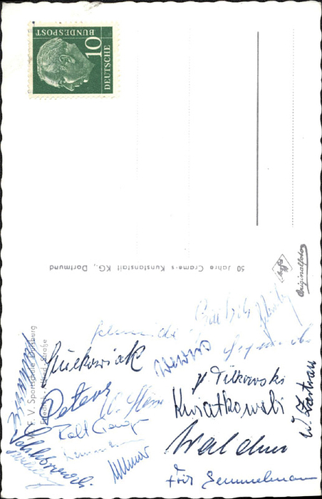 Nationalmannschaft 1957  | Postkarte vom DFB-Lehrgang im März 1957 mit 18 Originalsignaturen der deutschen Spieler: Waldner, Tilkowskim Kwiatkowski, Fritz Semmelmann, Werner Hesse, Schlebrowski, Szymaniak, Wewers, Zastrau, Köchling, A.Schmidt u.a..13,5x9 cm.