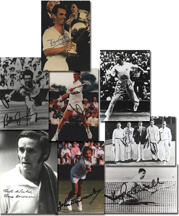Tennislegenden  | 8 Bildbelege mit orignal Signaturen von Tennislegenden: Henry Lacoste, Billy Jean King, Don Budge, John Newcombe, Ken Rosewall, Peter Korda, Roy Emerson. 18x11,5  + 15x10 cm