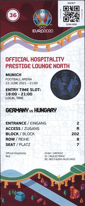 Eintrittskarte EM2020  | Deutschland v Ungarn (2:2) am 23.6.2021 in München. Offizielle Eintrittskarte der UEFA Euro 2020, 20x8 cm. ORIGINAL Ticket!.