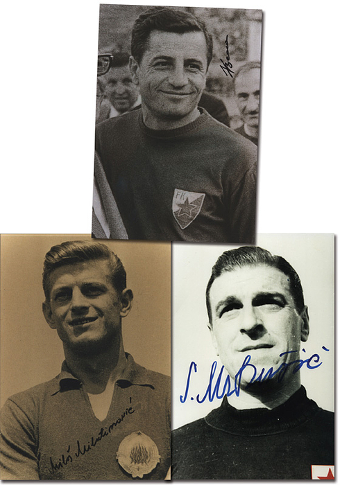 Jugoslawien - 1950 - 1953  | Jugoslawien zwei Teilnehmer an der Fußball - Weltmeisterschaft 1950. Mit original Signaturen von Vladimir Beara (1928-2014) und ; Srdan Mrkušic (1915-2007) und Miloš Milutinovic (1933-2003) Teilnehmer an der Fußball Weltmeisterschaft 1954 + 1958. Alle auf große Farbreprofotos, je 30x20 cm