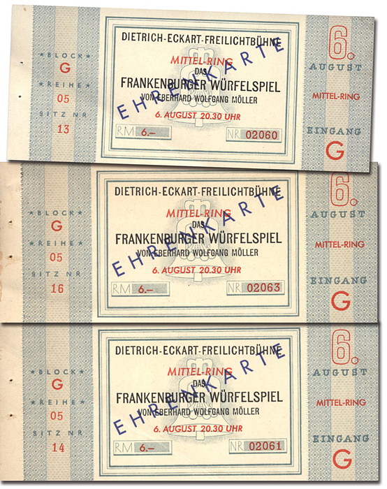 Eintrittskarte OSS1936  | 3 Tickets Frankenburger Würfelspiele:  Das Frankenburger Würfelspiel. Dietrich-Eckhart-Freilichtbühne.  6.August "Ehrenkarte, 14x6 cm. Unbenutzte Tickets!