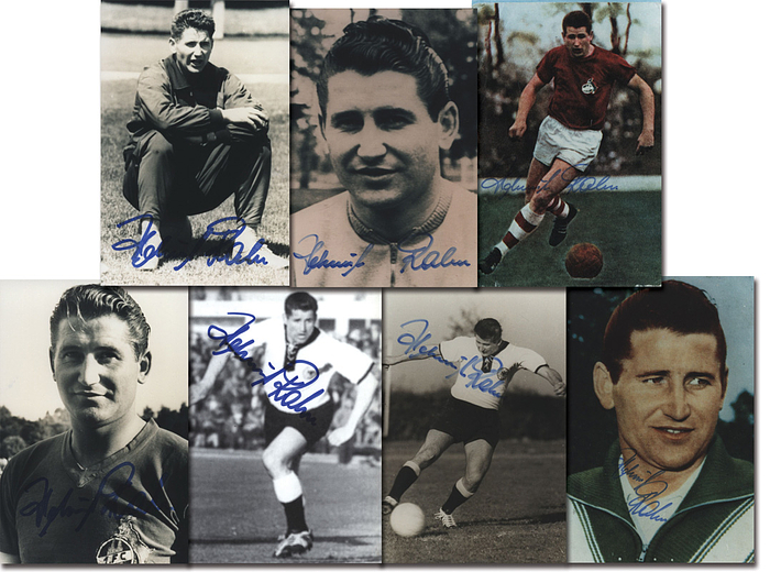 Rahn, Helmut  | (1929-2003) 7 verschiedene Reprosfotos mit original Signatur von Helmut Rahn "Fußball - Weltmeister 1954; RWE Essen, 1.FC Köln), je 15x10 cm.