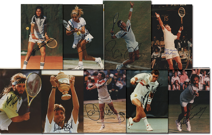 Tennisstars  | 9 große Farbreprofots mit original Signaturen von Tennisstars: Rod Laver, John Newcomb, Monica Seles, Ivan Lendl, John McEnroe, Ilie Nastase, Pat Cash, Michael Stich, Andre Agassi. Je 30x20 cm +27,5x18,5