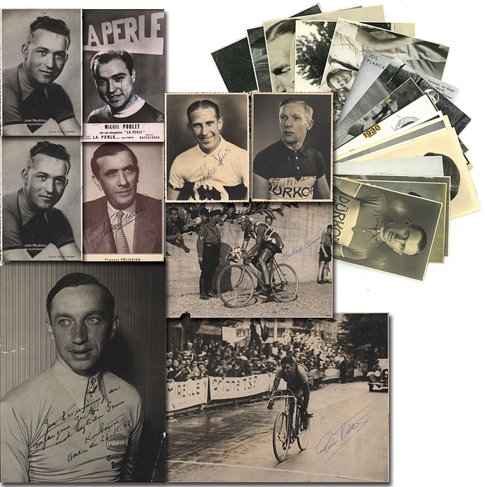 Tour de France Fahrer vor 1960 L-Z  | 26 Autogrammbelege mit original Signaturen von bekannten Fahrern der Tour de France von 1903-1960 auf 5x Postkarten (PK), 6x Autogrammkarte (AK) 13x S/W-Pressefoto (PF), 1x Magazinfoto (MF): Woutje Wagtmans (1929.1994; NED; 8x Tour de France - 3x Gelbes Trikot. PK); Robert Wierinckx (BEL; 1915-2002; 2 x TdF, 1936 ein Etappensieg); Gottfried Weilenmann (1920-2108; SUI; 7x TDF + Giro; 1952 2.Platz WM - AK); Otto Weckerling (1910-1977; GER; 4x TdF, 1937 Etappensieg - AK); Piet van Est (NED; 1924-1991; 7x TdF 1957-1964 - PK); Edward Vissers (BEL; 1912-1994; 3x TdF; 1937 - 6.; 1938, 4; 1939 5.Platz - PF); René Vietto (FRA; 1914-1988; 1934 Bergtrikot + 5.Patz; 1935 - 8.Platz 2- Etappen; 1939 - 14 Tage Gelbes Trikot, 2.Platz - PF); Félicien Vervaecke (BEL, 1907-1986; 1934 - 1938 TdF; 2x 3.Platz, 1x 2. und 1x 4. Platz; 8 Tage Gelbes Trikot; 1x Bergtrikot, - 2x PF); Georg Umbenhauer (GER; 1912-1970; 2x TdF 1932 + 1935 - PF); Oskar Thierbach (GER; 1909-1991; 6x TdF - beste Plazierung Platz 7; 4x Tour de Suisse und 1x Giro - PF); Kurt Stöpel (GER; 1908-1985; Zweiter der Tour de France 1932 - PF); Adolf Schön (GER; 1906-1987; TdF 1930 10.Platz; 3.Platz WM 1937 - PK); Julio Rossi (ITA; 1914-1968; 1938 TdF 1. Etappensieg - PK); Herbert Sieronski (GER; 1906-1945; 3x TdF - 2xPF); Bruno Roth (GER; 1911-1998; TdF 1935; DM 1935 Profi;  - PF); Miguel Poblet (ESP; 1928-2013; 3x TdF, 1955 Gelbes Trikot, 2 Etappensiege; Giro 17 Eteppensiege - AK); Jef Planckaert (NL; 1934-2007; 2.Platz TDF 1962 - AK); Charles Pélissier /FRA; 1903-1959; TdF 9 Etappensiege; Gelbes Trikot 1930 - PF); Francis Pélissier (FRA; 1894-1959; 1924 2 Etappen TdF; 3x Meister - AK); Willi Oberbeck (GER; 1910-1980; 1938 Gelbes Trikot - ein Etappensieg - PF); Ernest Neuhard (FRA; 1903-1980; 4x TdF 1928-1933 - MF); Arsène Mersch (LUX; 1913-1980; TdF 1936 Gelbes Trikot 5.Platz; 138 + 1939 2 Etappensiege, 1938 2.Platz Tour de Suisse - AK); Sylvain Marcaillou (FRA; 1911-2007; 5x TdF, 1937 5. + 1939 6-Platz - PF); Jean Majerus (LUX; 1914-1983; 4x TdF; 1937+1938 9 Tage Gelbes Trikot - PK);