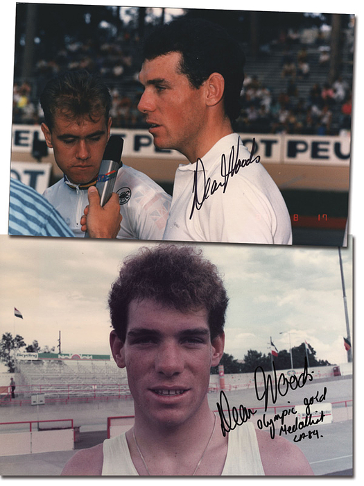 Woods, Dean  | (1966-2022) Zwei große Pressefotos mit original Signatur von Dean Woods (AUS). 4facher Medaillengewinner (1x Gold, 1x Silber, 2x Bronze) bei den Olympischen Spielen 1984 - 1996, je 29x19,9 cm