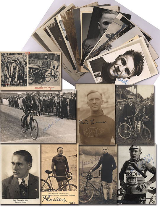 Deutschland 1900 - 1980 L-Z  | 33 Autogrammbelege mit deutschen Radsportstars von 1900 - 1945 auf 23x Postkarten ( PK), 1x Autogrammkarte (AK) und 5x Pressefoto (PF), ?x Magazinfoto (MF), 1xBlancobeleg (BB)  mit original Signaturen deutscher Radsportstars vor dem 2. Weltkrieg: 2x Rudolf Wolke (1906-1979: Vize-Weltmeister der Amat. 1927. 2x PK); 3x Jean Weiß (1890-1978; - 3x PK); 2x Otto Weckerling (1910-1977; GER; 1937 Sieger Deutschland Rundfahrt;  4x TdF, 1937 Etappensieg - AK + PF); Georg Voggenreiter (1919-1986; DM Straße 1947 - AK + PF); Oskar Thierbach (GER; 1909-1991; 6x TdF - beste Plazierung Platz 7; 4x Tour de Suisse und 1x Giro; 1931 2.Platz Deutschlandrundfahrt - PF, PK); Paul Thomas (1888-1953; 3x DM Steher 1914,23 + 24 - PK); Oskar Tietz (1895-1975; 3.Platz Deutschlandrundfahrt 1930 und TdF 1930 - PK); ean Rosellen (1891-1952; DM 1923 Steher Profi - PK); Fritz Scheller (1914-1992; DM 1932, 36, 37; Bronze WM; 4.Platz Olympia 1936 - PK); Paul Oszmella (1903-1967; 3x DM Sprint Amateur 1923-1925 - PK); Georg Stach (1912-1945; DM 1940 Straße; 3.Platz 1935 DM;  TdF 1935 - PK); Eugen Stabe (1885-1968; DM Sprint 1914 + 1922 - PK); Willi Schertle (1920-1979; 2x DM 1940 + 1947 - 2x PK); Herbert Sieronski (1906-1945; 3x TdF - PF); Bruno Roth (1911-1998; DM 1935 Profi; 2.Platz 1938 - PK); Jean Rosellen (1891-1952; 1923 DM Steher - 2 PK); Albert Schipke (1885- ca. 1955; 2.Platz EM 1909 Steher; 2-Platz DM 1911 - 3xPK, 1xBB); Paul Oszmella (1903-1967; 3x DM (Amatuer 1923-1925; 2 PK); Rudi Mirke (1920-1951; 1943 + 1944 Deutscher Kriegsmeister Straße - PF);