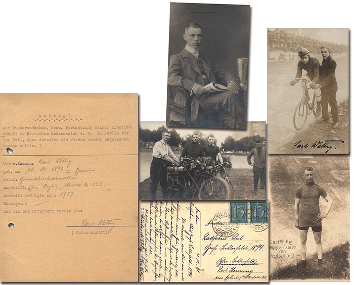 Wittig, Carl  | (1890-1958) 3 original Signaturen von Carl Wittig (GER) auf S/W-Postkarte (Vorderseite); Rückseite von S/W-Postkarte mit handschriftlichenj Text von Wittig;  und einem Formular. Dabei zwei unsignierte Postkarten mit Carl Wittig, der 1923 die Bronzemedaille bei den Profi-Weltmeisterschaften bei den Steher gewann. 1910 Deutscher Meister im Straßenrennen, 1920, 1921 + 1926 DM bei den Stehern. 13,58,5 cm + 20,5x15 cm