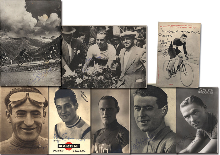 Italien Radsportstars  | 8 Autogrammbelege: 4 Postkarte (PK) , 2 Pressefoto (PF), 2 Magzinfoto (MF) von italienischen Radsportstars mit original Sgnaturen: Giovanni Valetti (1913-1998; 2facher Giro - Sieger 1938 + 1938; Sieger Tour de Suiss 1938 - PK); Ferdinando Terruzzi (1924-2014; Gold Olympische Spiele1948 - PK); Alessandro Tonani (1898-1938; Grio 1923 2x Zweiter Etappe 1923 Giro - PK); Ezio Cecchi, 11x Giro - Bester Platz 2 1948 - PF); Domenico Piemontesi (1903-1987; 1927 3.Platz WM; mehrere Etappensiege Giro - MF); Federico Momo (1878-1958; President des italineischen Radsportverbandes 1933-1936; Erfolgfreicher Radsportler 1896-1900 - AK); Diego Marabelli (1914-2006; 1938 Etappensieg Giro - MF); Ivo Mancini (1915-2000; 1935 WM - Amateure - PF);