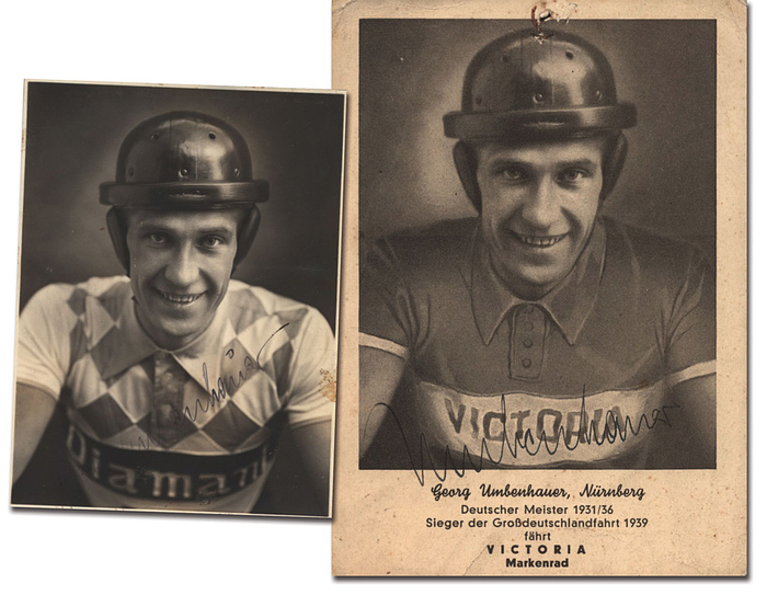 Umbenhauer, Georg  | (1912-1970) Postkarten und S/W-Foto jeweils mit Originalsignatur von Georg Umbenhauer (GER). Deutscher Meister 1936 im Straßenrennen. 2x Teilnehmer an der Tour de France, 14,5x10,5 + 11,5x8,5 cm