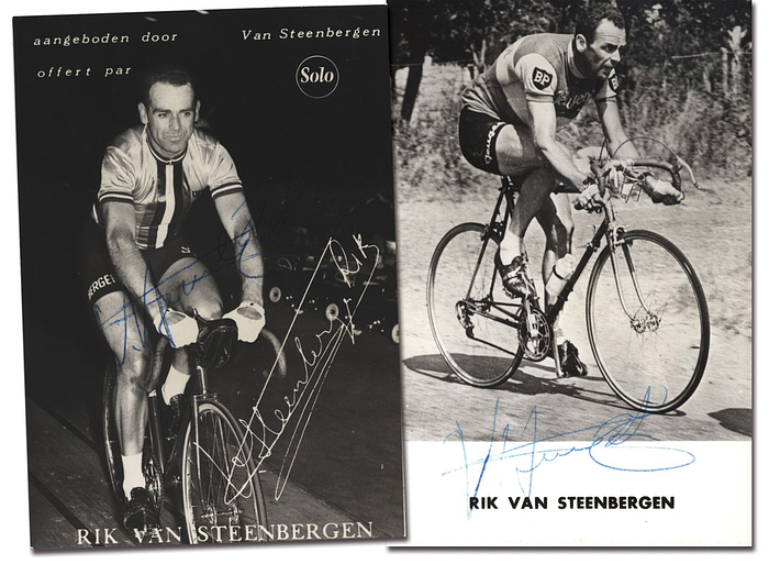 Van Steenbergen, Rik  | (1924-2003) Zwei Autogrammkarte mit Originalsignaturen von Rik Van Steenbergen. Belgischer Radrennfahrer. 3-facher Sieger bei der Straßen-WM 1949, 1956 und 1957. 14,8x11,2 cm.