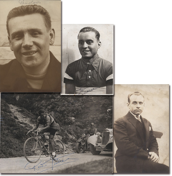 Frankreich Radpsortstars M-Z  | 4 Autogrammbelege von französischen Radsportsstars 1900 - 1960 auf 1 Postkarte, 1 Autogrammkarte (AK) + 1 Pressefoto, 1 Foto (F): René Vietto (FRA; 1914-1988; 1934 Bergtrikot + 5.Patz; 1935 - 8.Platz 2- Etappen; 1939 - 14 Tage Gelbes Trikot, 2.Platz - PF); Ernest Terreau (1908-1983; 3x Meister Steher; 2.Platz WM 1937 Profi Steher - F); Julien Pouchois (1888-1955; 3.WM 1991 Sprint; - AK); Jules Miquel (1885-1966; 2.WM 1913; 2.EM 1920 - Steher - AK --Unterschrift auf der Rückseite)