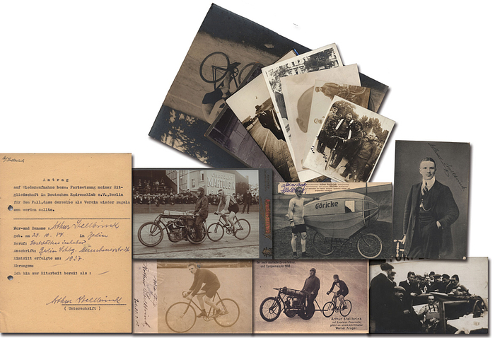 Stellbrink, Arthur  | (1884-1956) 3 original Signaturen vom deutschen Radrennfahrer Arthur Stellbrink. Stellbrink wurde 1908 Europameister der Steher 1910 DM, 2x auf Postkarte und ein Antragsformular aus dem Jahre 1946. 14x9 + 21x15 cm. Dabei 9 S/W-Pressefoto und 3 Potkarten aus der Zeit von 1900 - 1920, 22x17 cm bis 10x7 cm