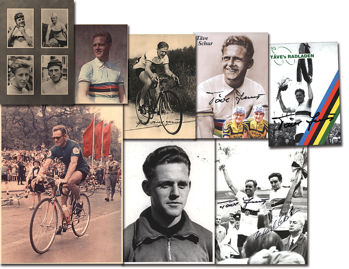 Schur, Gustav A. "Täve"  | (*1931) 4 Autogrammbelege und 4 Fotos aus verschiedenen Zeiten der DDR-Radsportlegender Gustav A. "Täve" Schur. Friedensfahrt-Sieger 1955+59, Weltmeister 1958+59, DDR-Meister 1954+57+58+59 und Olympia-Bronzegewinner 1956. 23x17 bis 11x8 cm.