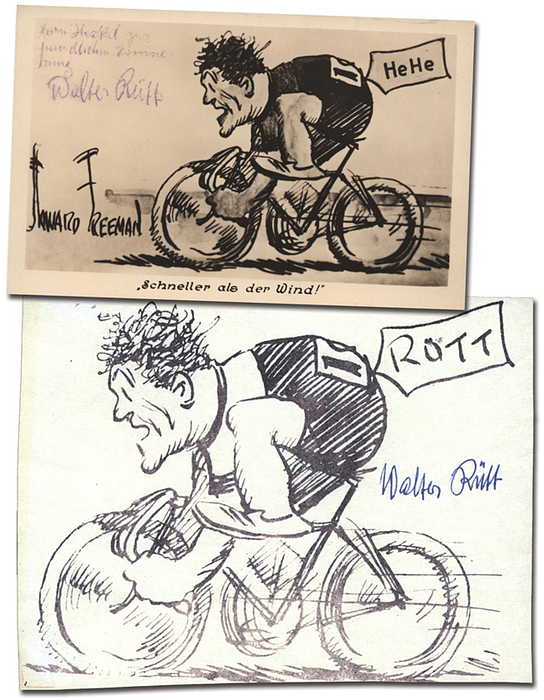 Rütt, Walter  | (1883-1964) Postkarte und Kartikatur jeweils mit original Signatur von Walter Rütt (GER). Deutscher Radrennfahrer und Weltmeister im Sprint 1913. 14x9 + 15x12 cm