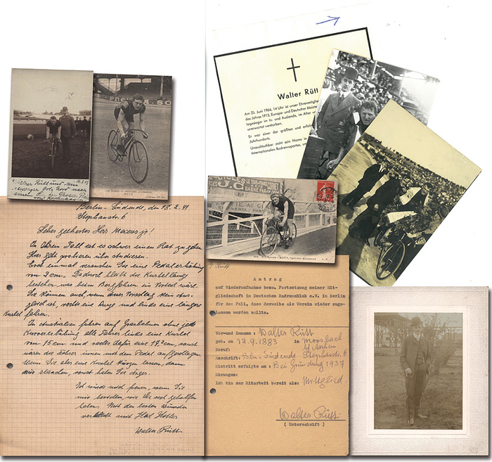 Rütt , Walter - Sammlung  | (1883-1964) Kleine Sammlung zu Walter Rütt (GER). Deutscher Radrennfahrer und Weltmeister im Sprint 1913. Ein handschriftlicher Brief vom 18.2.1941und ein Antragsformular aus dem Jahre 1947, jeweils mit original Signatur von Walter Rütt, 27x21 + 20,5x15,5 cm. 2 französische Postkarte mit Rütt. Vier original Fotos aus der Zeit von 1901 bis 1919, 20x12 bis 10x8 cm. Eine Todesanzeige "Walter Rütt" aus dem jahre 1964.