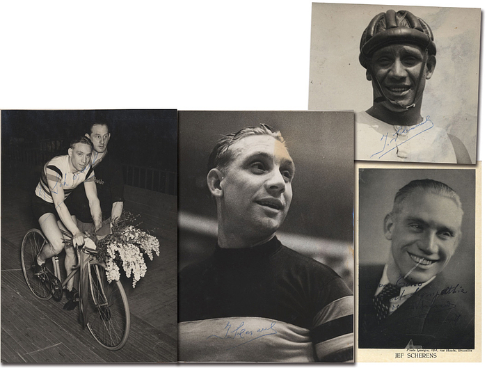 Scherens, Jef  | (1909-1986) 1 s/w-Autogrammkarte und 3 Pressefotos jeweils mit original Signaturen von Jef Scherens (BEL). 7-facher Radweltmeister (1932 bis 1947) und 16-facher belgischer Meister.  18x12,5 bis 14x9 cm