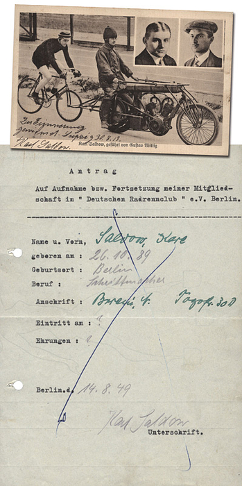 Saldow, Karl  | (1889-1951) S/W-Postkarte und Antrag jeweils mit oroginal Signatur von Karl Saldow (GER). 4facher Deutcher Meister der Steher (1914, 1919, 1924, 1925) 1912 EM 3.Platz), 14x9,5 + 21x15 cm