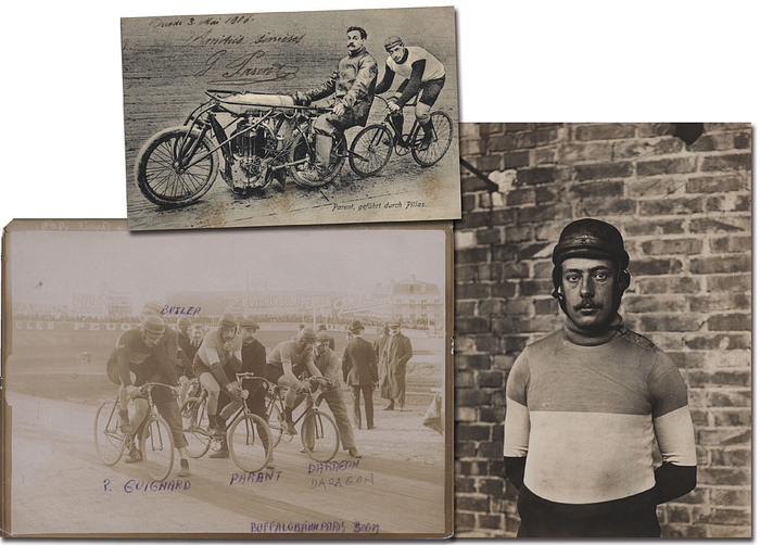 Parent, Georges  | (1885-1918) S/W-Postkarte mit original Signatur und Widmung von Georges Parent (FRA) datiert vom 3.5.1906. Drefacher Profiweltmeister der Steher 1909, 1910 und 1911; 3.Platz 1907. Postkarte gelaufen 3.6.1906, 14x9 cm. Dabei zwei Pressefotos mit Georges Parent (17,5x12,5 + 17x12 cm)