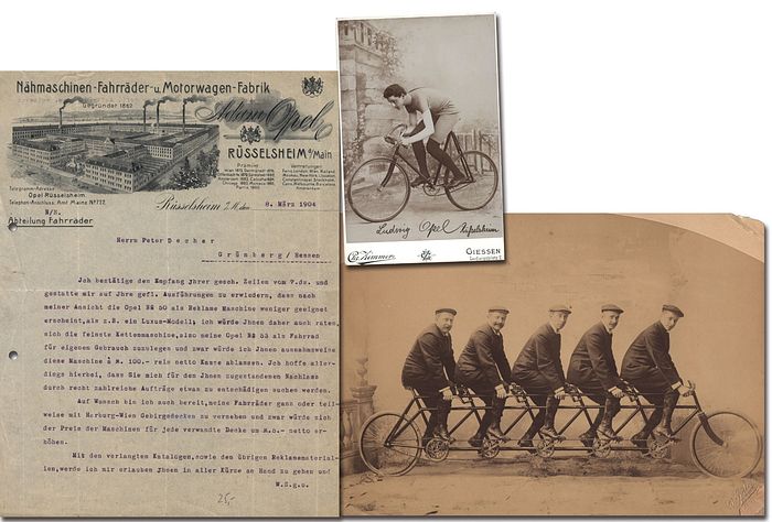 Opel, Ludwig  | (1880-1916) Original S/W-Foto mit original Signatur von Ludwig Opel (GER). Vize - Weltmeister 1898 im Sprint der Amateure. 16,5x10,5 Ludwig von Opel war der fünfte Sohn von Adam Opel, dem Gründer der Auto- und Fahrradfabrik in Rüsselsheim. Ludwig Opel war Mitinhaber der Opel-Werke. Dabei: Ein großes S/W-Foto ca. 1895 mit allen fünf Opel - Brüdern (27x19,5 cm) und ein Briefkopf der Adam Ople AG aus dem Jahre 1904 (28,5x20 cm)