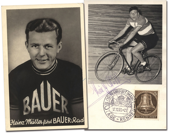 Müller, Heinz  | (1924-1975) S/W-Foto mit original Signatur von Heinz Müller (GER), 1952 radsport Straßen - Weltmeister in Luxemburg. Sonderstempel vom 17.10.1953, 14x9 cm. Dabei S/W-Postkarte