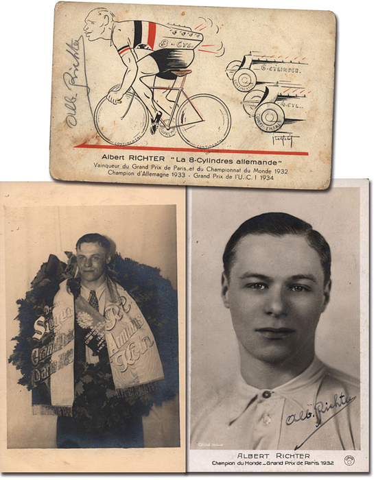 Richter, Albert  | (1912-1940)  2 Postkarten jeweils mit original Signatur von  Albert Richter (GER). Radsprint-Weltmeister 1932 und Deutscher Meister 1933, 1934 und 1935. 14x9,5 cm Unterschrift in Tinte und Bleistift. Dabei: S/W-Foto von Richter