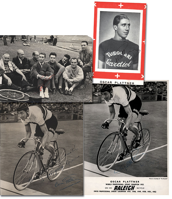 Plattner, Oscar  | (1922-2002) 4 Autogrammbelege mit original Signatur von von Oscar Plattner (SUI). Schweizer Radsport-Weltmeister 1949. 2 Pressefotos, 1 Promofoto und eine Autogrammkarte, 22x16,5 bis 14x10 cm