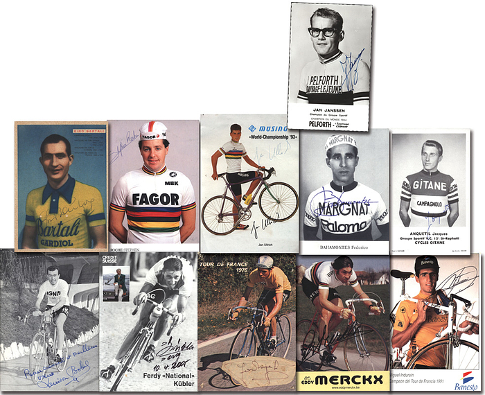 Tour de France Sieger  | 12 verschiedene orignal Signaturen von Tour de France Siegern. Alle auf Autogrammkarten. Anquetil, J.Janssen, Kübler, Indurain, Bobet, Bahamontes, Bartali, Ullrich, Van Impe, Roche, Merckx